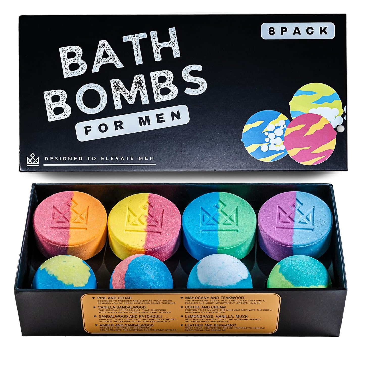Bath Bombs for Men - Unique Sphere & Disc Shape - 8 Bath Bombs Mix of 5oz & 2.5oz - Gifts for Men - Bubble Bath Set
