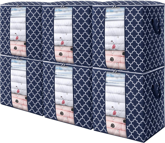WISELIFE Storage Bags 6 Pack/100L Large Blanket Clothes Organization and Storage Containers for Comforters,Bedding, Foldable Organizer with Reinforced Handle, Clear Window, Sturdy Zippers,Blue
