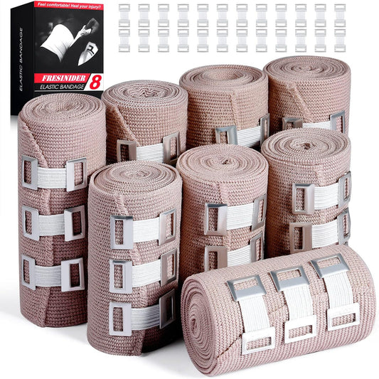 FRESINIDER Elastic Bandage Wrap 8 Pack(4 X 3 + 4 X 4 Wide Rolls) + 48 Clips | Stretch Compression Bandage Stretches up to 15ft | Ideal for Medical, Sports, Sprains, Calf, Ankle & Foot