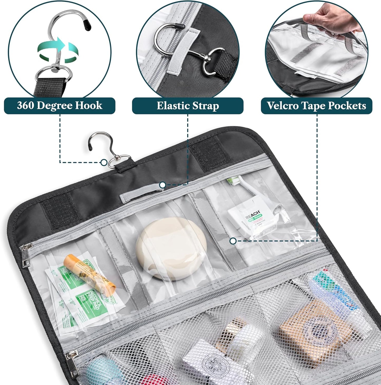 PAVILIA Hanging Toiletry Bag Women Men, Travel Kit Foldable Large Toiletries Organizer, Roll up Cosmetics Makeup Bag Accessories, Waterproof Essentials Jewelry Case (Black)