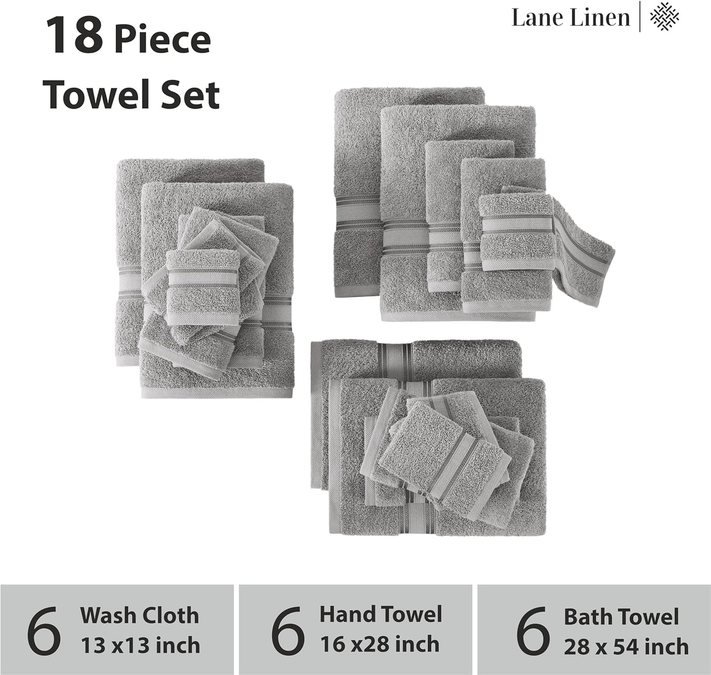 LANE LINEN 100% Cotton 18 Piece Bath Towel Set - Zero Twist, Quick Dry, Super Soft & Highly Absorbent - 6 Bath, 6 Washcloths, 6 Hand Towels for Bathroom - Hotel Quality Bathroom Towel Set - Grey