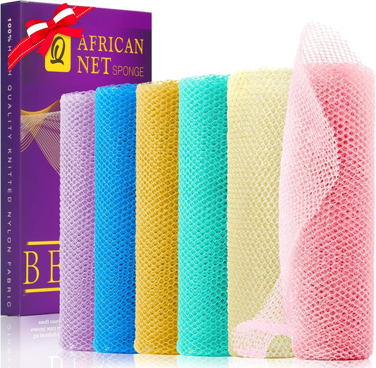 UJFQBH 6 Pieces African Net Sponge Long Bath Sponge Exfoliating Shower Body Scrubber for Daily Use, Terrific for Smoother Skin - Back Scrubber for a Refreshing Experience (Purple - Orange)