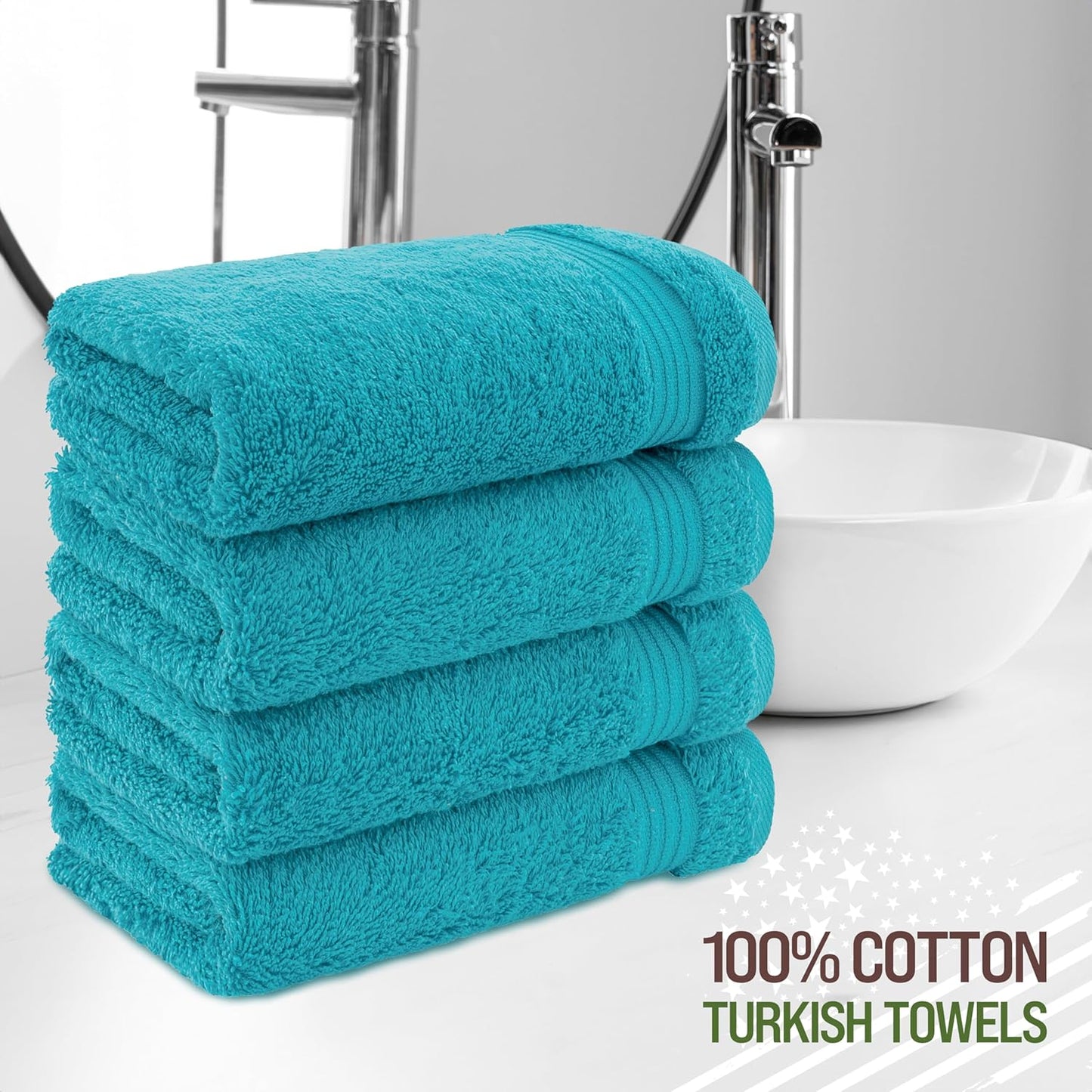 American Veteran Towel, Hand Towels for Bathroom Set of 4, 100% Cotton Turkish Hand Towel Sets, Soft Hand Face Towels, Aqua Blue Hand Towels