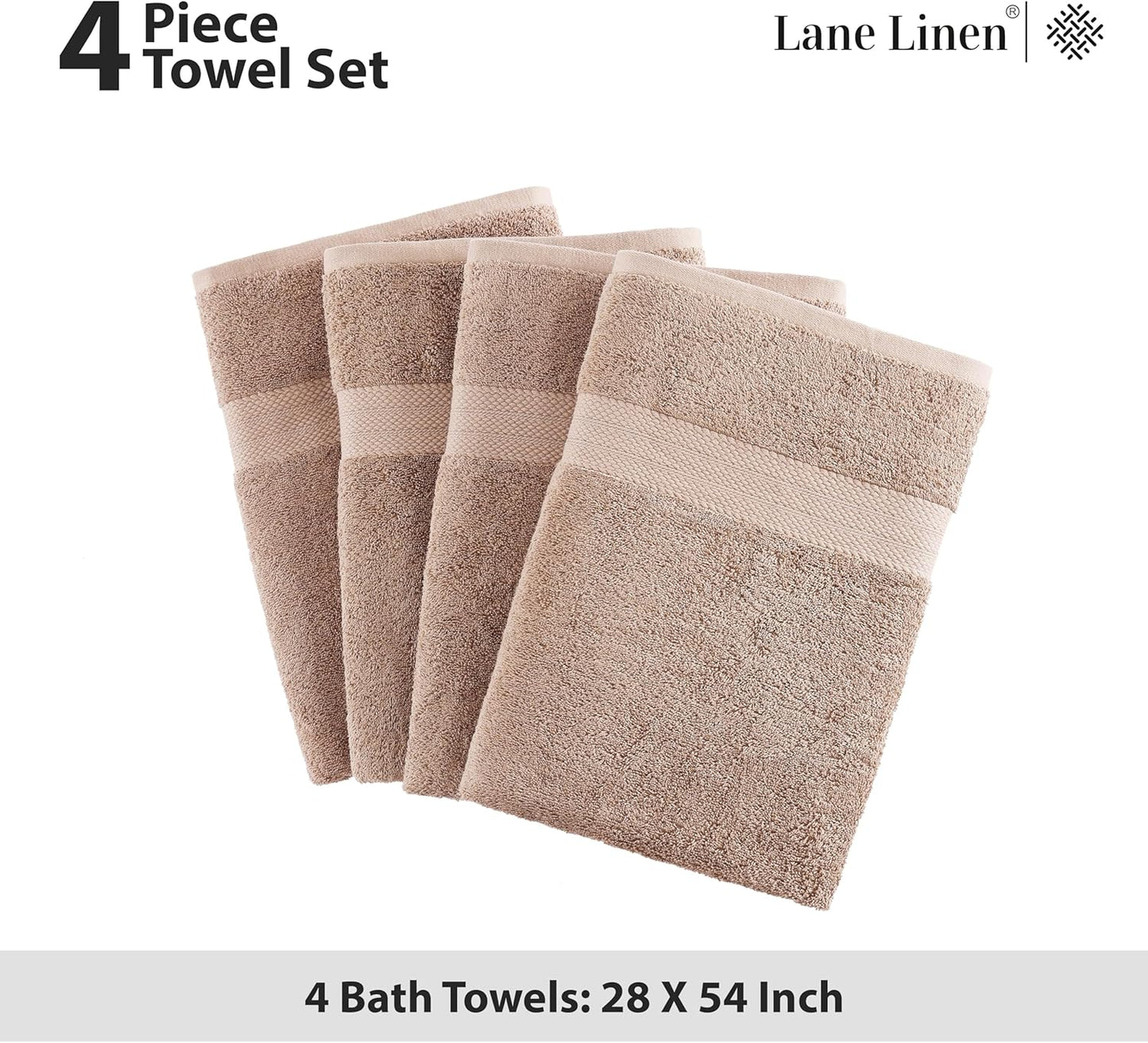 LANE LINEN 100% Cotton Bath Towels Set of 4 (28"x54") - Ring Spun Cotton Bathroom Towel Sets - Quick Dry, Highly Soft & Absorbent Large Shower Towels for Bathroom - Sustainabaly Produced - Taupe