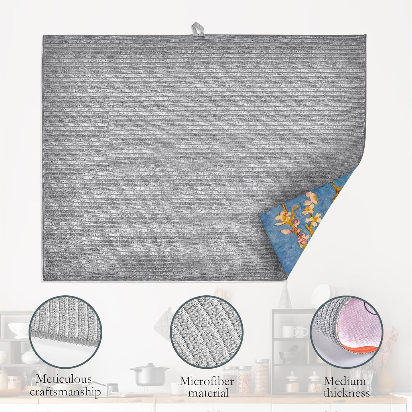 Almond Blossom Tree Dish Drying Mat for Kitchen Counter Decor,Flower Dish Drying Rack Pad Absorbent Reversible Microfiber for Coffee Tableware Sink Countertop 18x24 Inch