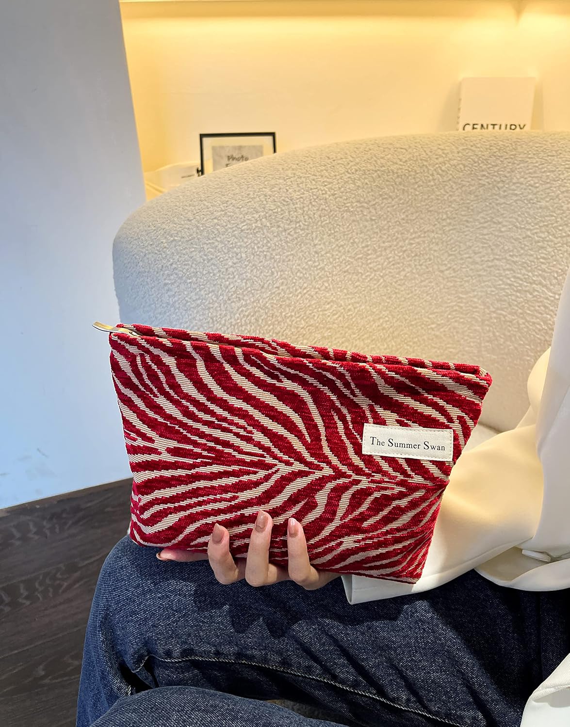 The Summer Swan | Large Aesthetic Floral Mid-day Clutch Period Kit Hygiene Skincare Cute Makeup Bag (Velvet Zebra Print Red)