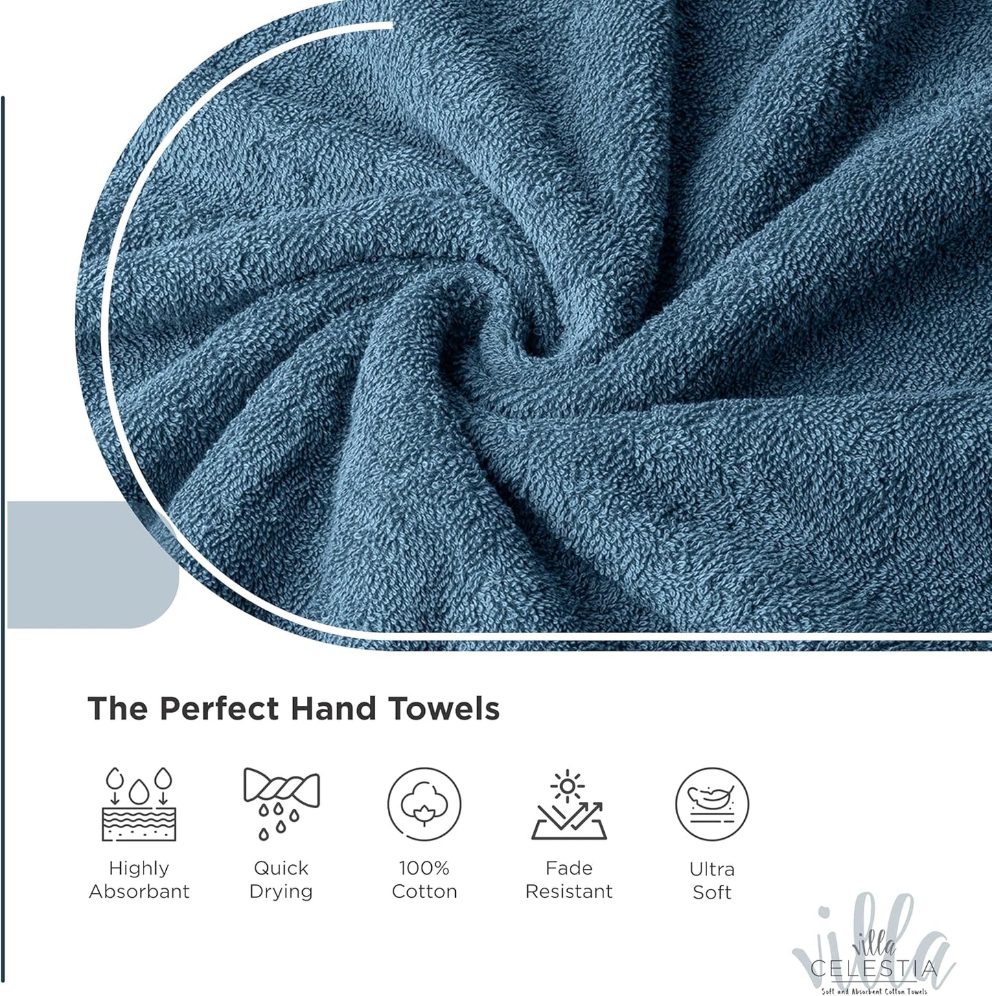 100% Cotton Hand Towel Set of 2, (16 x 28 inches) Sustainable, Soft, Highly Absorbent, Quick Drying, Combed Cotton Hand Towels Pack of 2 Ideal for Hotels, Spa, Bathroom, Dorm, Blue
