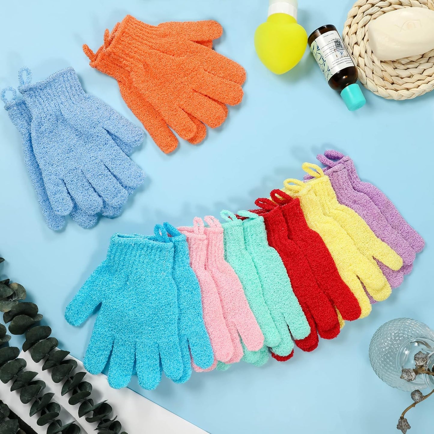 Bath Gloves,16 Pcs Exfoliating Bath Gloves,Body Scrub Gloves with Hanging Loop for Beauty Spa Massage Skin Shower Body Scrubber-8 Colors