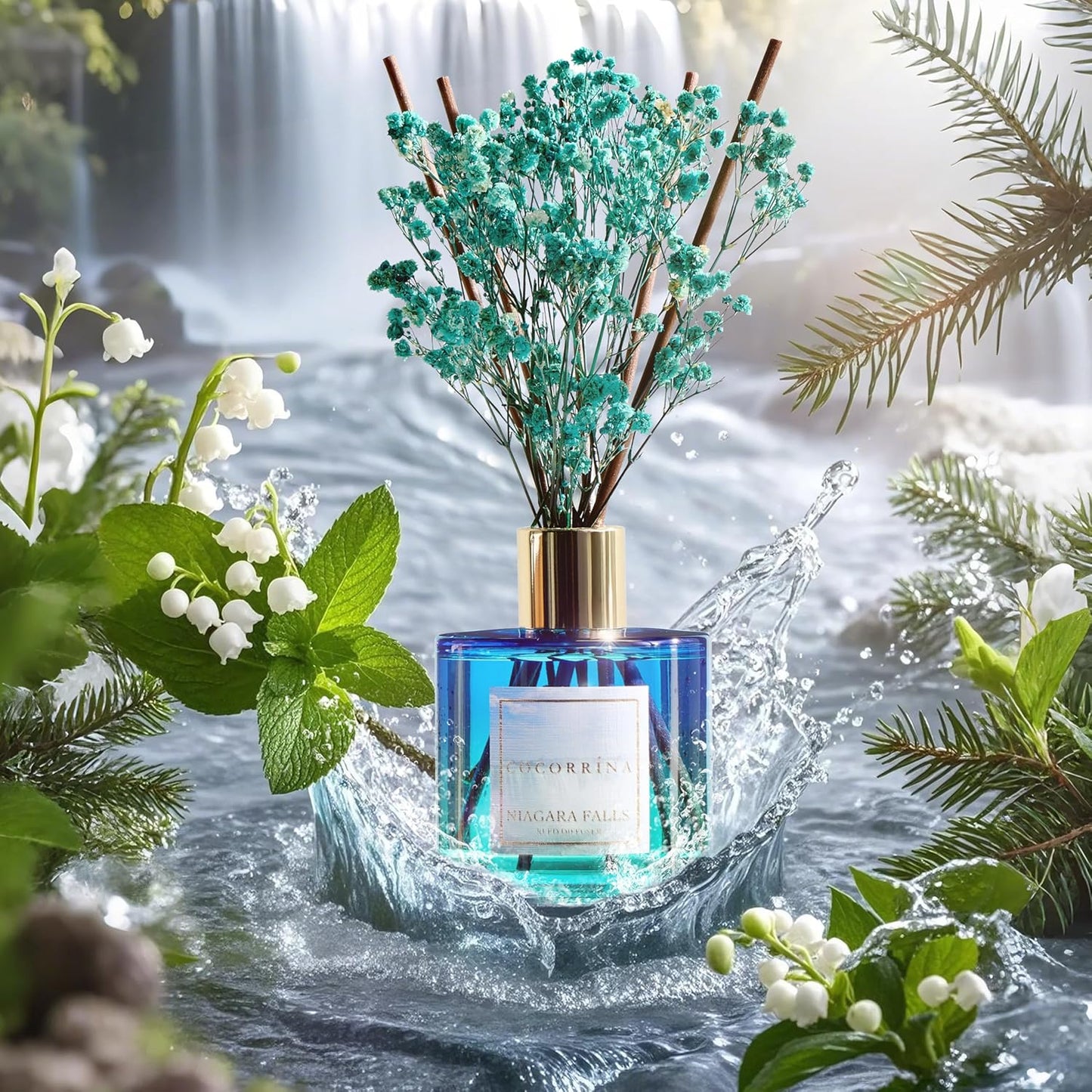 COCORRÍNA Reed Diffuser - Niagara Falls 6.7 Fl.oz Reed Diffuser Set with 8 Sticks & Preserved Baby's Breath, Reed Diffuser for Home Bathroom Shelf Decor