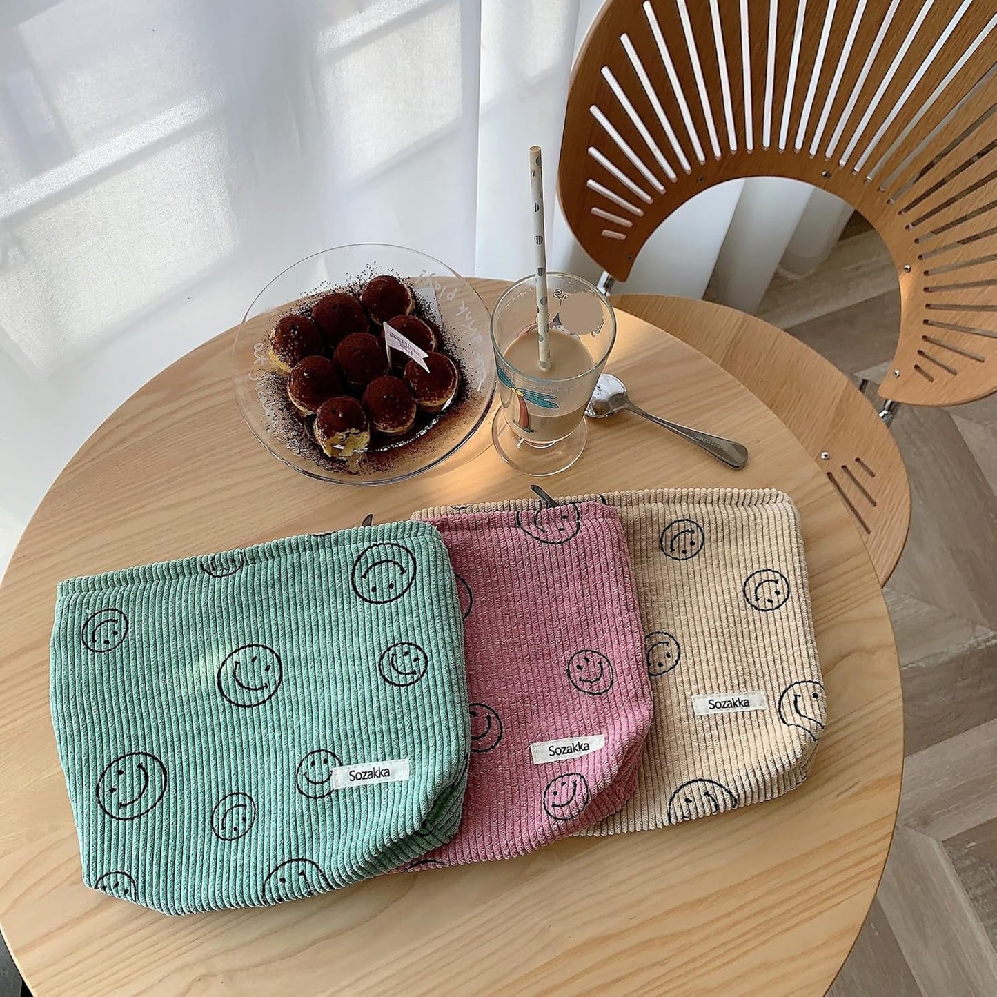 Cosmetic Bags for Women - Corduroy Cosmetic Bag Aesthetic Women Handbags Purses Smile Dots Makeup Organizer Storage Makeup Bag Girls Case Bags (A-Blue)