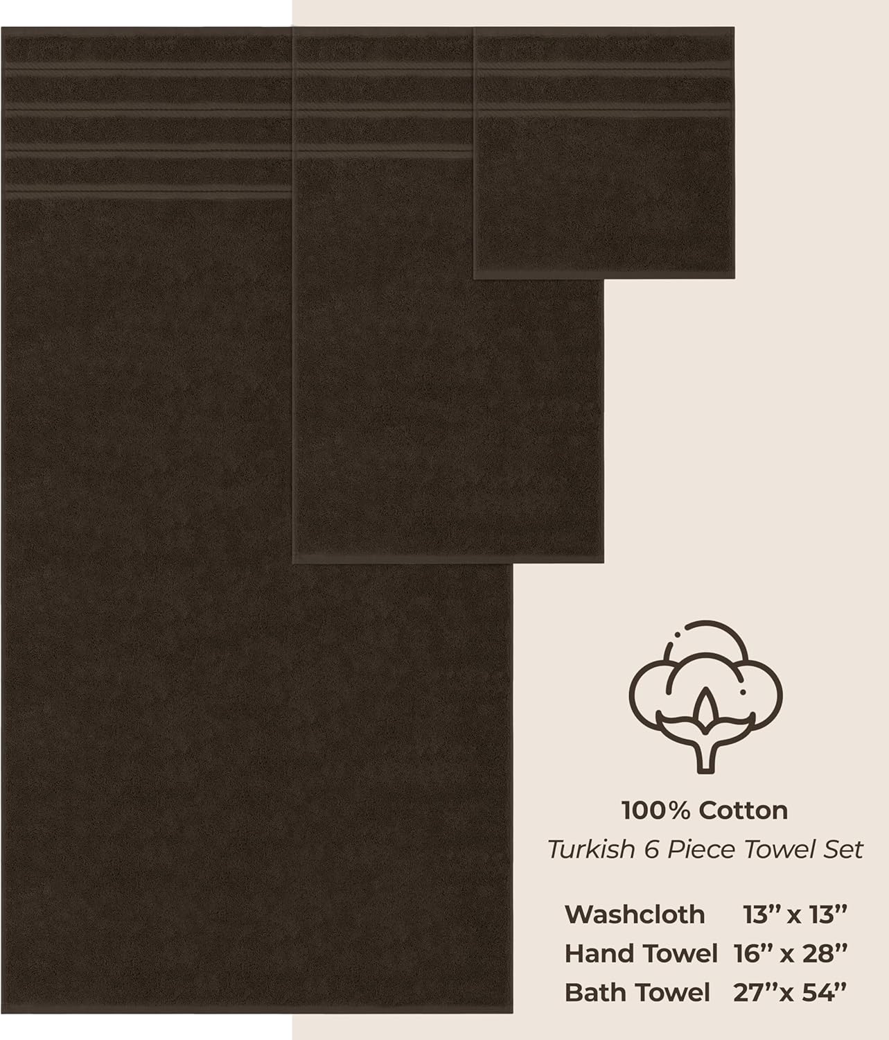 American Soft Linen Luxury 6 Piece Towel Set, 2 Bath Towels 2 Hand Towel 2 Washcloths, 600 GSM 100% Cotton Turkish Towels for Bathroom, Brown Towel Sets