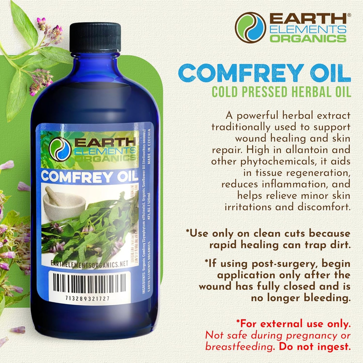 Comfrey Oil Raw with Sunflower Oil, Infused, Pressed Herbal Remedy, Support for Bruises, Sore Muscles, and Healthy Skin, Organic Skincare for All Skin Types - 4 fl oz