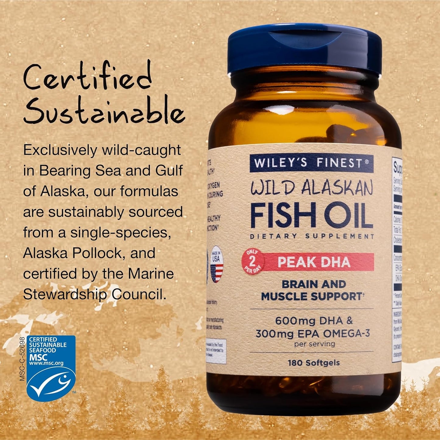 Wiley's Finest Wild Alaskan Fish Oil Peak DHA - 900mg EPA and DHA Omega-3s - 180 Softgels (90 Servings)