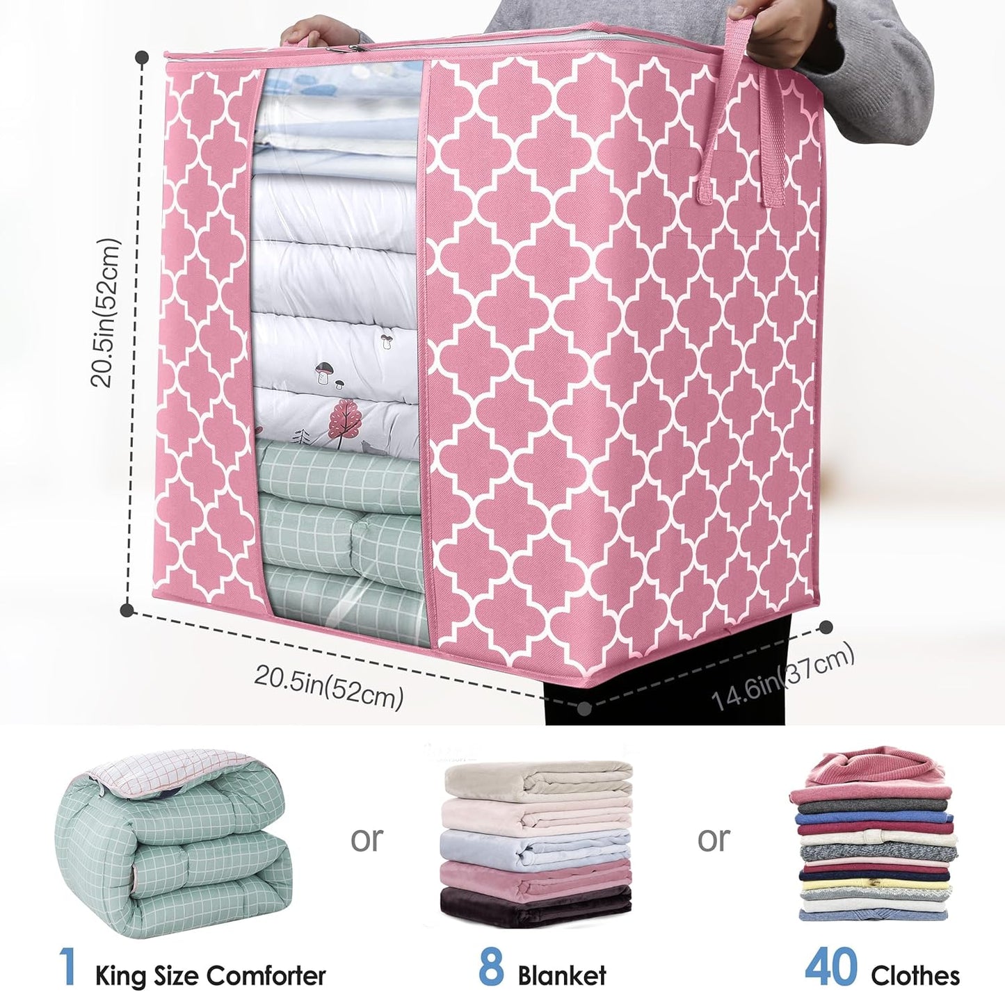 WISELIFE Storage Bags 4 Pack/100L Large Blanket Clothes Organization and Storage Containers for Comforters,Bedding, Foldable Organizer with Reinforced Handle, Clear Window, Sturdy Zippers,Pink