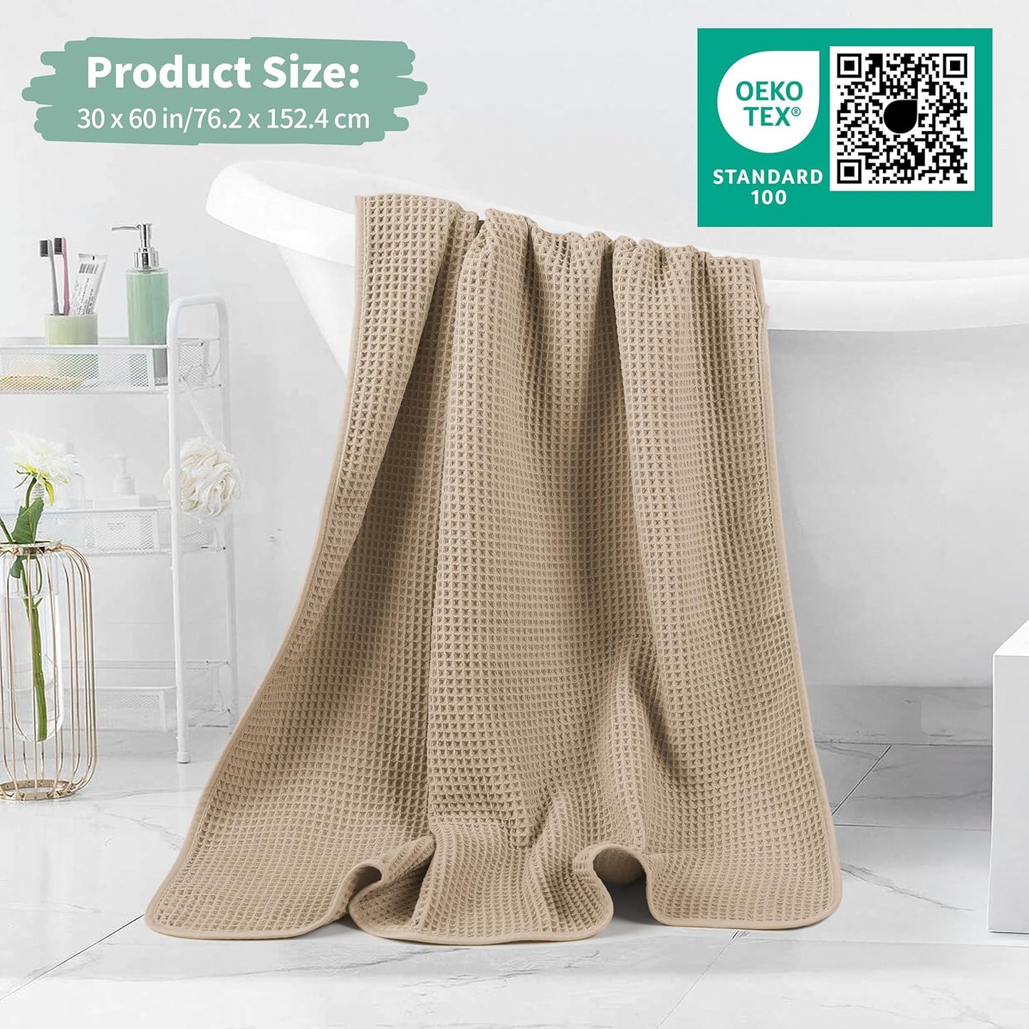New Microfiber Waffle Bath Towels, 2 Pieces, Oversized, Soft, Absorbent, Fast Drying, Lint Free (Beige+White)