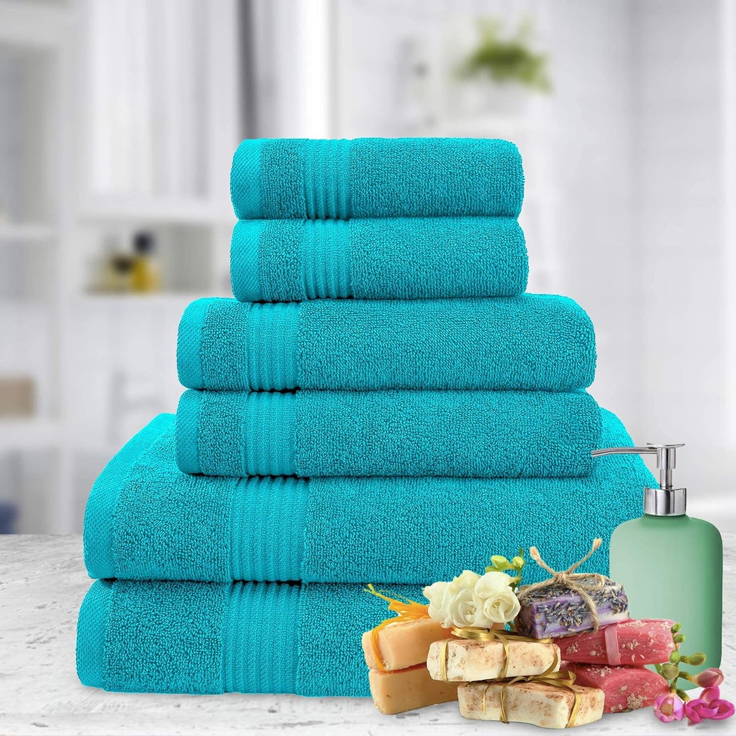 American Veteran Towel, 6 Piece Towel Set for Bathroom, 100% Cotton Turkish Bathroom Towels, 2 Bath Towels 2 Hand Towels 2 Washcloths, Aqua Blue