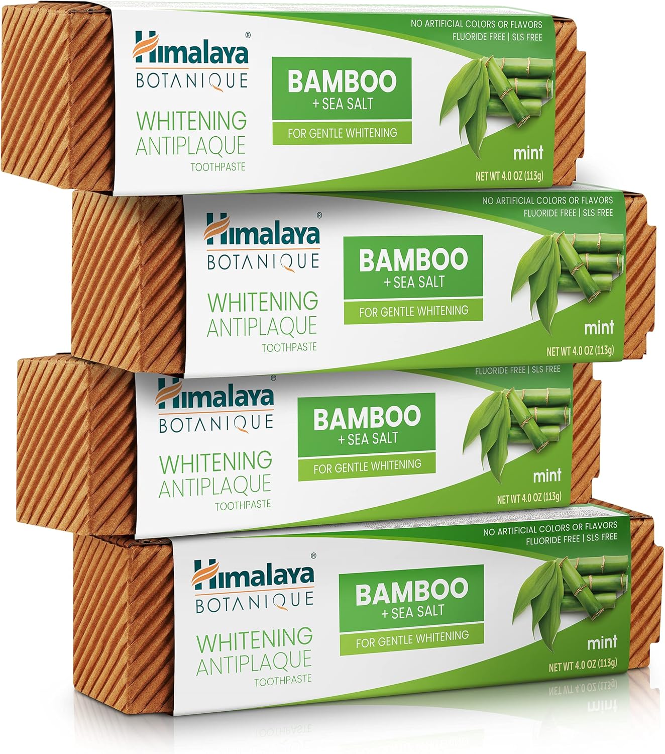 Himalaya Botanique Whitening Antiplaque Toothpaste with Bamboo + Sea Salt, Fluoride Free, for Gentle Whitening, 4 oz, 4 Pack