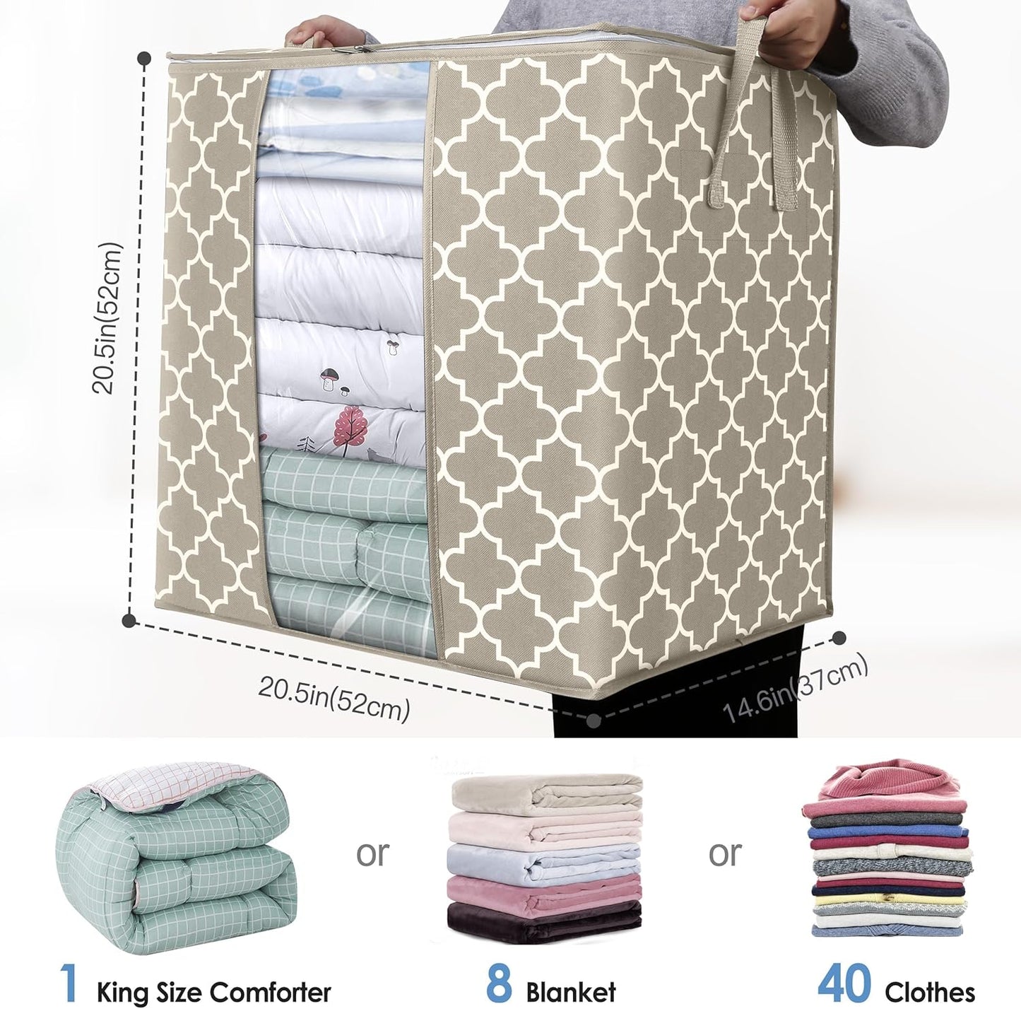 WISELIFE Storage Bags 8 Pack/100L Large Blanket Clothes Organization and Storage Containers for Comforters,Bedding, Foldable Organizer with Reinforced Handle, Clear Window, Sturdy Zippers,Beige