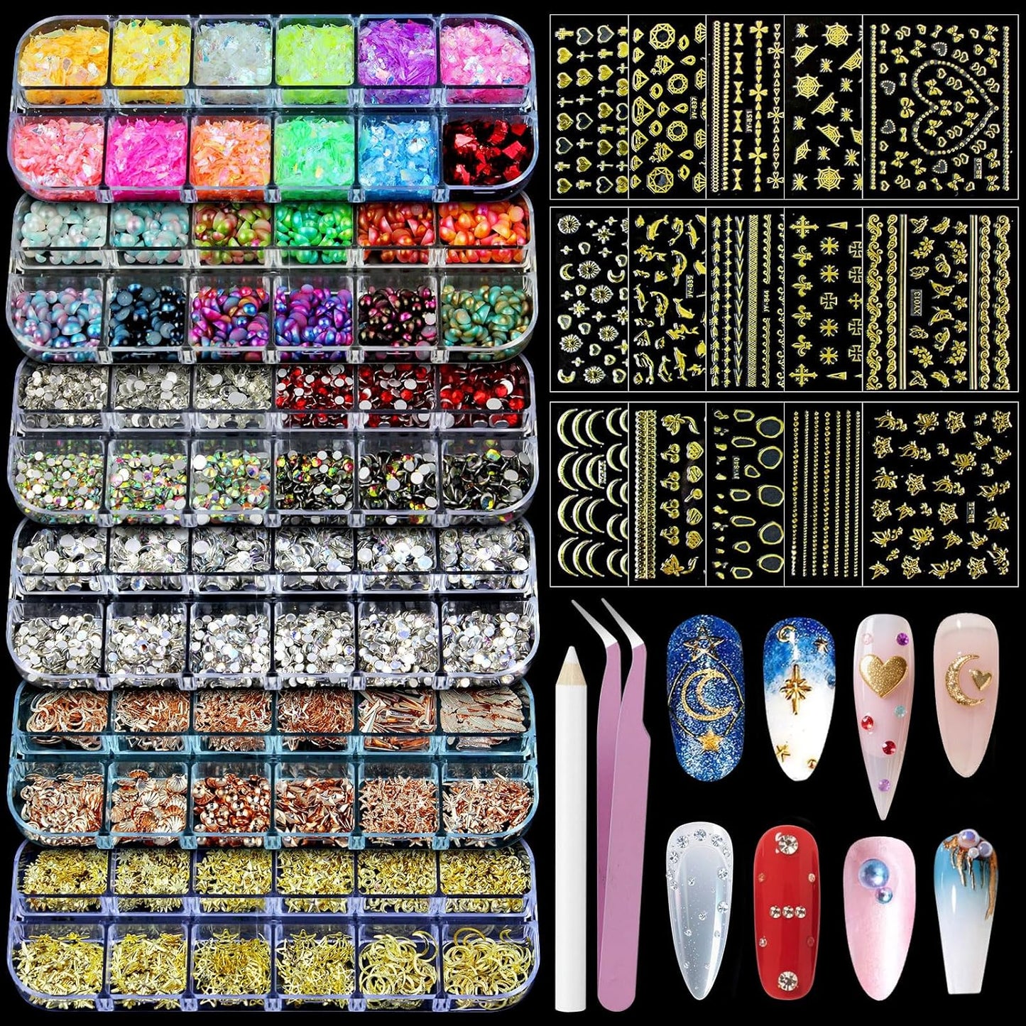 Artdone Nail Art Studs Kit, 6 boxes Multicolor And Design 3D Charms With 15 Sheets Gold Nail Stickers, Diamond Cute Nail Jewels For DIY Decoration with Pickup Tools