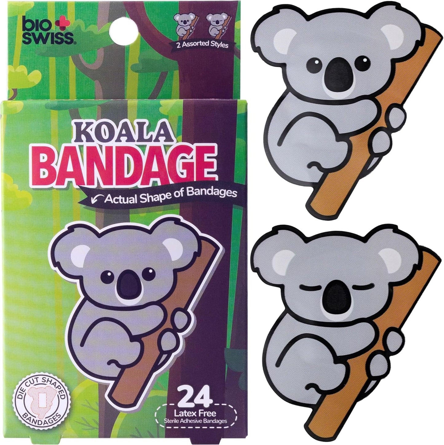 BioSwiss Kids Bandages, Koala Shaped Self Adhesive Bandage Set, Latex Free, Sterile Wound Care, 24 Count