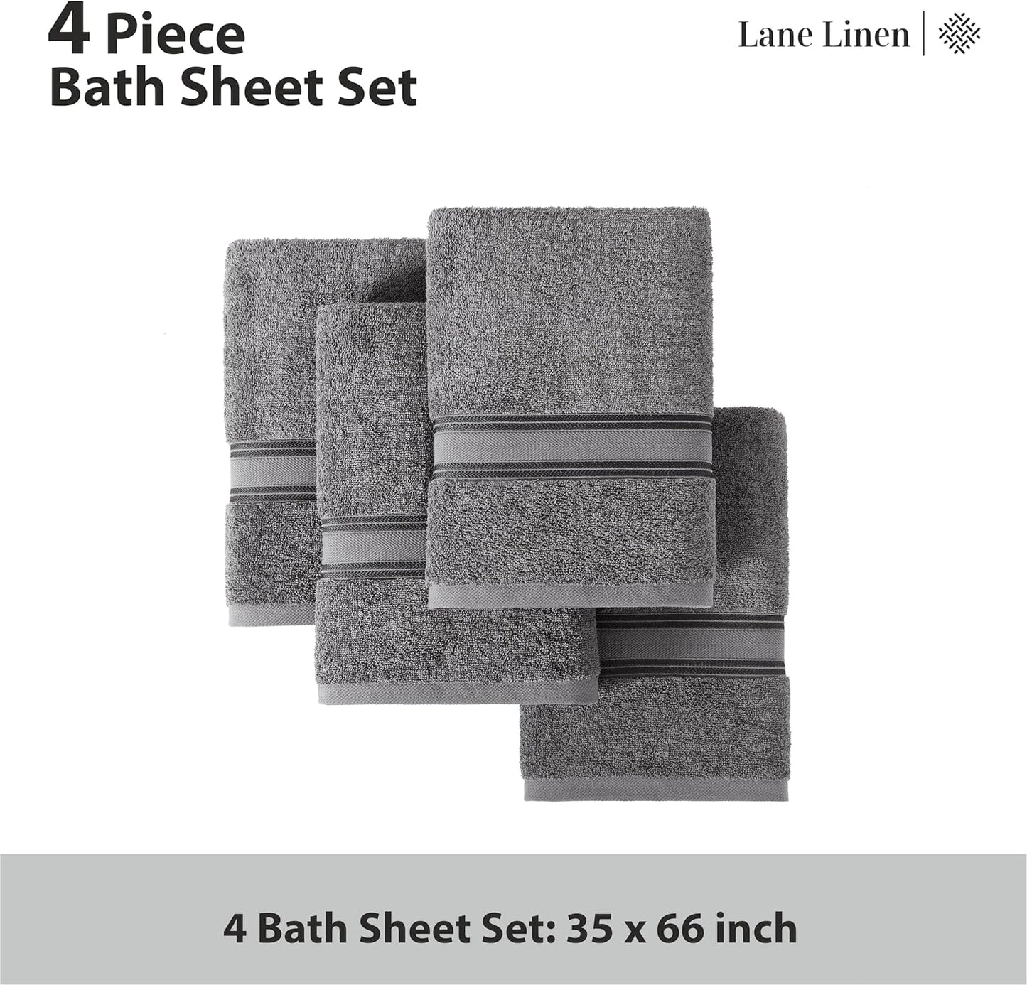 LANE LINEN 100% Cotton 4 Pack Bath Sheets (35"x66") - Zero Twist, Extra Large Cotton Bath Towels Set - Quick Dry, Soft & Absorbent Oversized Towel Set - Remains Soft After Multiple Washes - Cool Grey