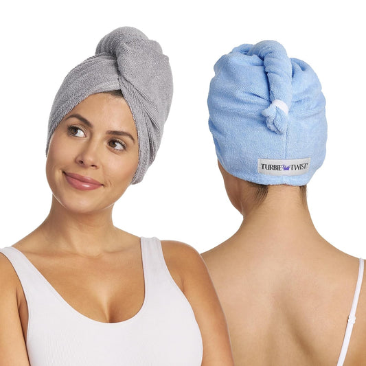 Turbie Twist 2-Pack Microfiber Hair Towel for Beauty, Travel, Gifting - Hair Wrap Turban for Straight, Wavy & Curly Hair - Premium Personal Care - Grey & Blue