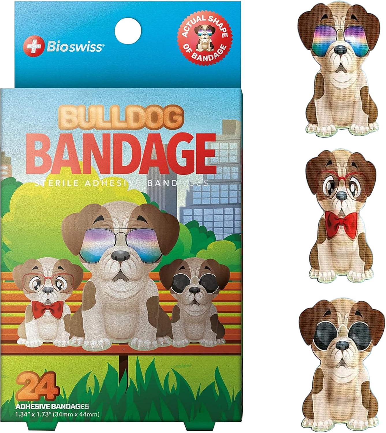BioSwiss Kids Bandages, Bulldog Shaped Self Adhesive Bandage Set, Latex Free, Sterile Wound Care, 24 Count