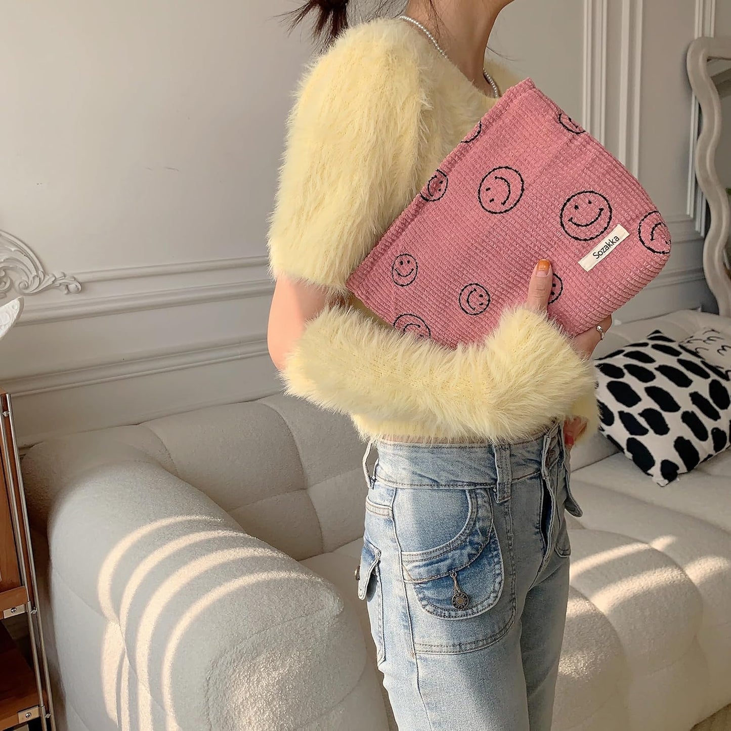 Cosmetic Bags for Women - Corduroy Cosmetic Bag Aesthetic Women Handbags Purses Smile Dots Makeup Organizer Storage Makeup Bag Girls Case Bags (A-Pink)