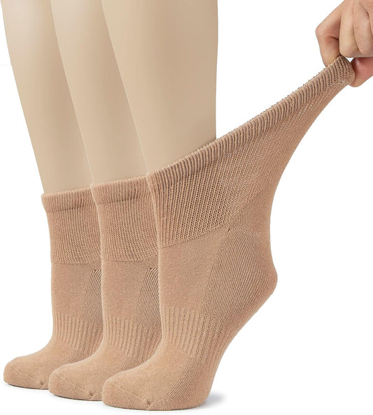 Hugh Ugoli Women's Cotton Diabetic Ankle Socks, Wide, Loose, Stretchy, Seamless Toe, Non Binding Top Semi Cushion, 3-6 Pairs