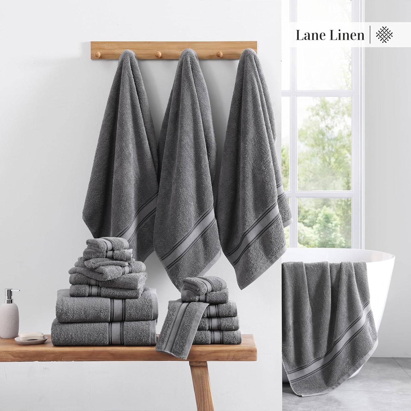 LANE LINEN Luxury Bath Towels Set - 6 Piece, 100% Cotton, Quick Dry, Soft & Absorbent, Zero Twist - 2 Bath Towels, 2 Hand Towels, 2 Washcloths - Cool Grey