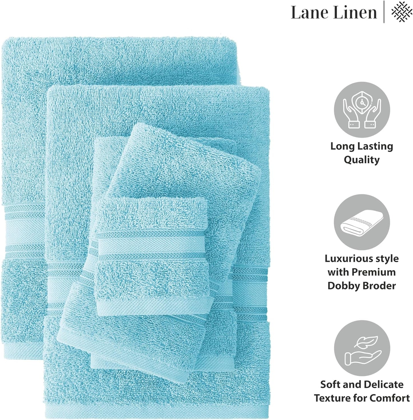 LANE LINEN Luxury Bath Towels Set - 12 Piece, 100% Cotton, Zero Twist, Super Soft & Absorbent, Includes 4 Bath Towels, 4 Hand Towels, 4 Washcloths - Blue