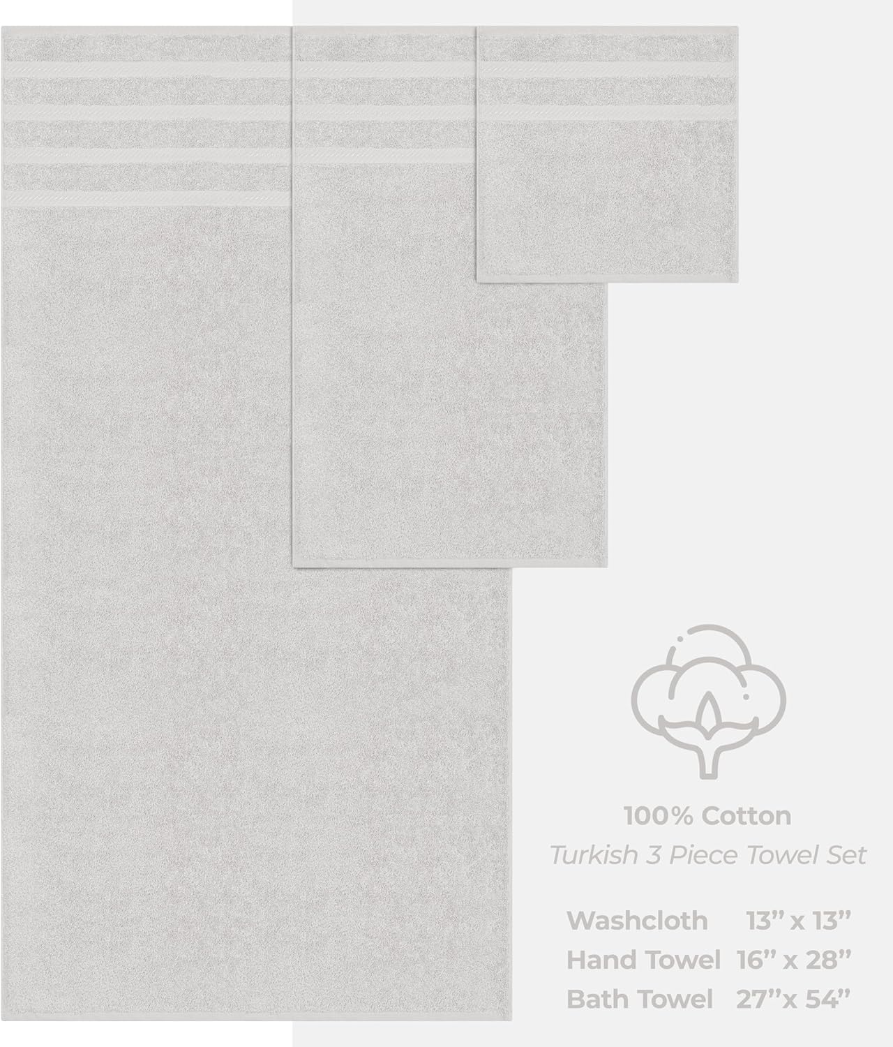 American Soft Linen Premium 3 Piece Towel Set, 1 Bath Towel 1 Hand Towel 1 Washcloth, 600 GSM 100% Cotton Turkish Towels for Bathroom, Silver Grey Towel Set