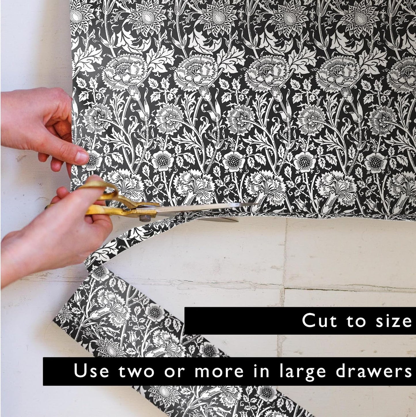 Sandalwood Scented Drawer Liners in a Black William Morris Design. Pack of 5 Folded Sheets | Contains Sandalwood Essential Oil | Made in The UK.