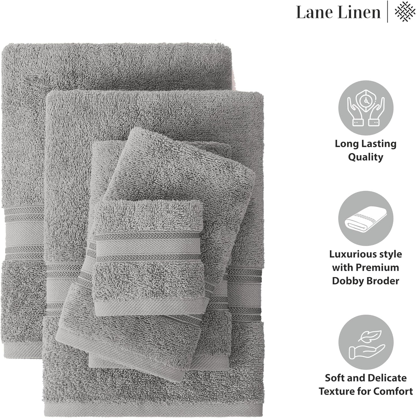 LANE LINEN Luxury Bath Towels Set - 12 Piece (4 Bath Towels, 4 Hand Towels, 4 Washcloths), 100% Cotton, Zero Twist, Super Soft & Extra Absorbent - Space Grey
