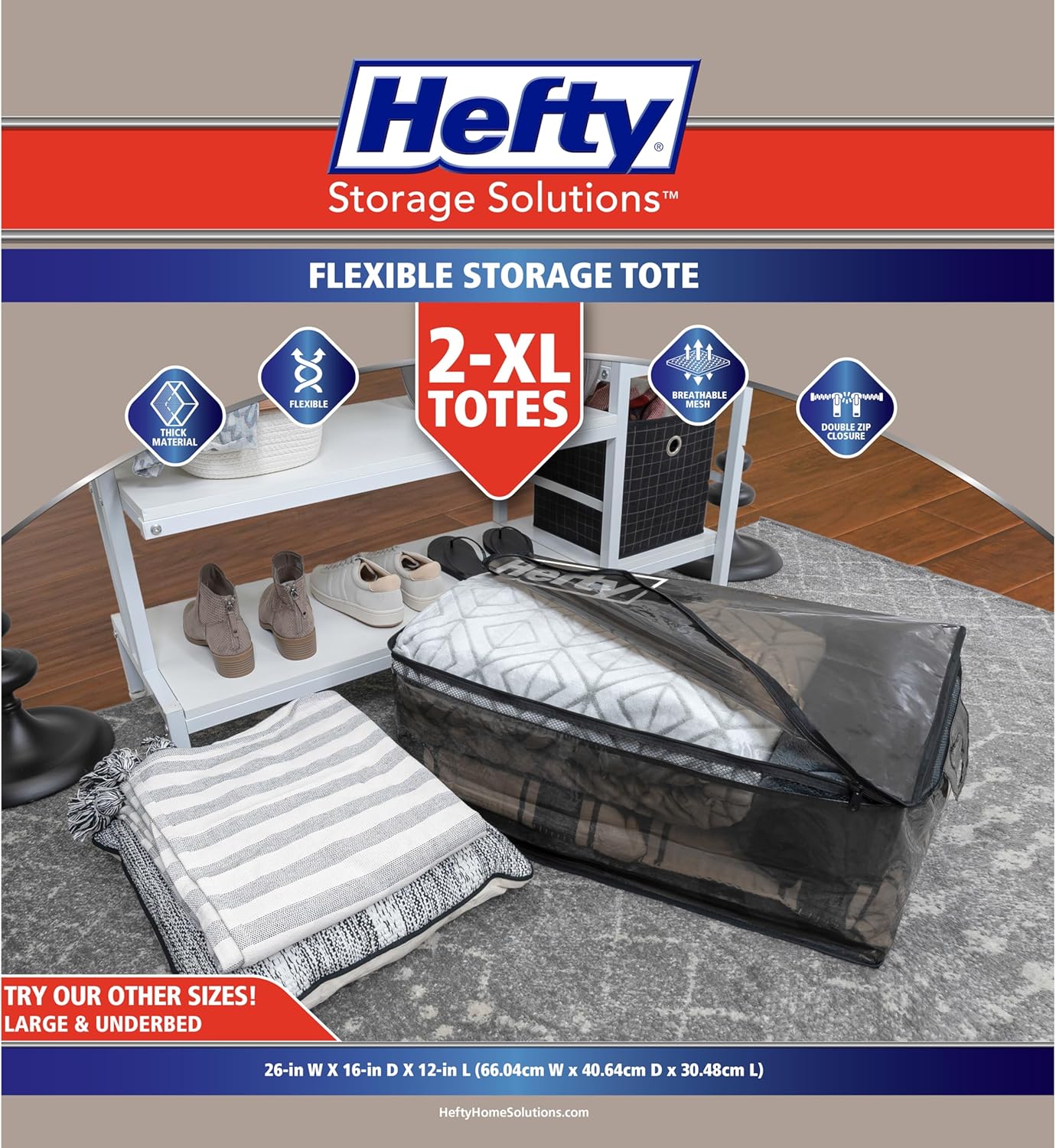 Hefty Storage Bags Extra Large Double Zipper Backpack, Heavy Duty Water Resistant Moving Totes with Shoulder Straps, Foldable Reusable Packing Organizers, 2 Pack (X-Large Black)