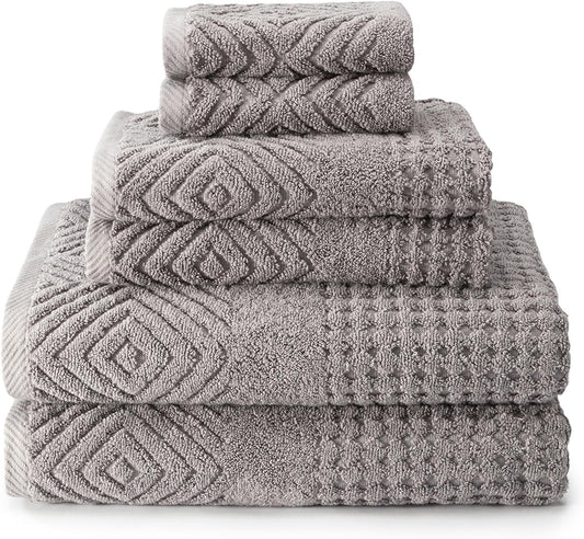 Texere 100% Organic Cotton Diamond Jacquard 700 GSM Luxury Bath Towel Sets - 2 Ultra Soft, Large Bath Towels, 2 Hand Towels, 2 Washcloths (Diamond, Cathedral Gray, 6 Piece)