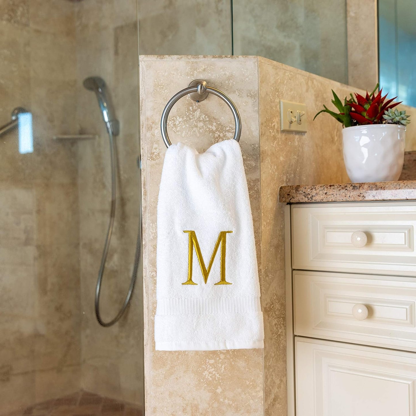 Monogrammed Hand Towels for Bathroom - Luxury Hotel Quality Personalized Initial Decorative Embroidered Bath Towel for Powder Room, Spa - GOTS Organic Certified - Set of 2 Gold Letter M
