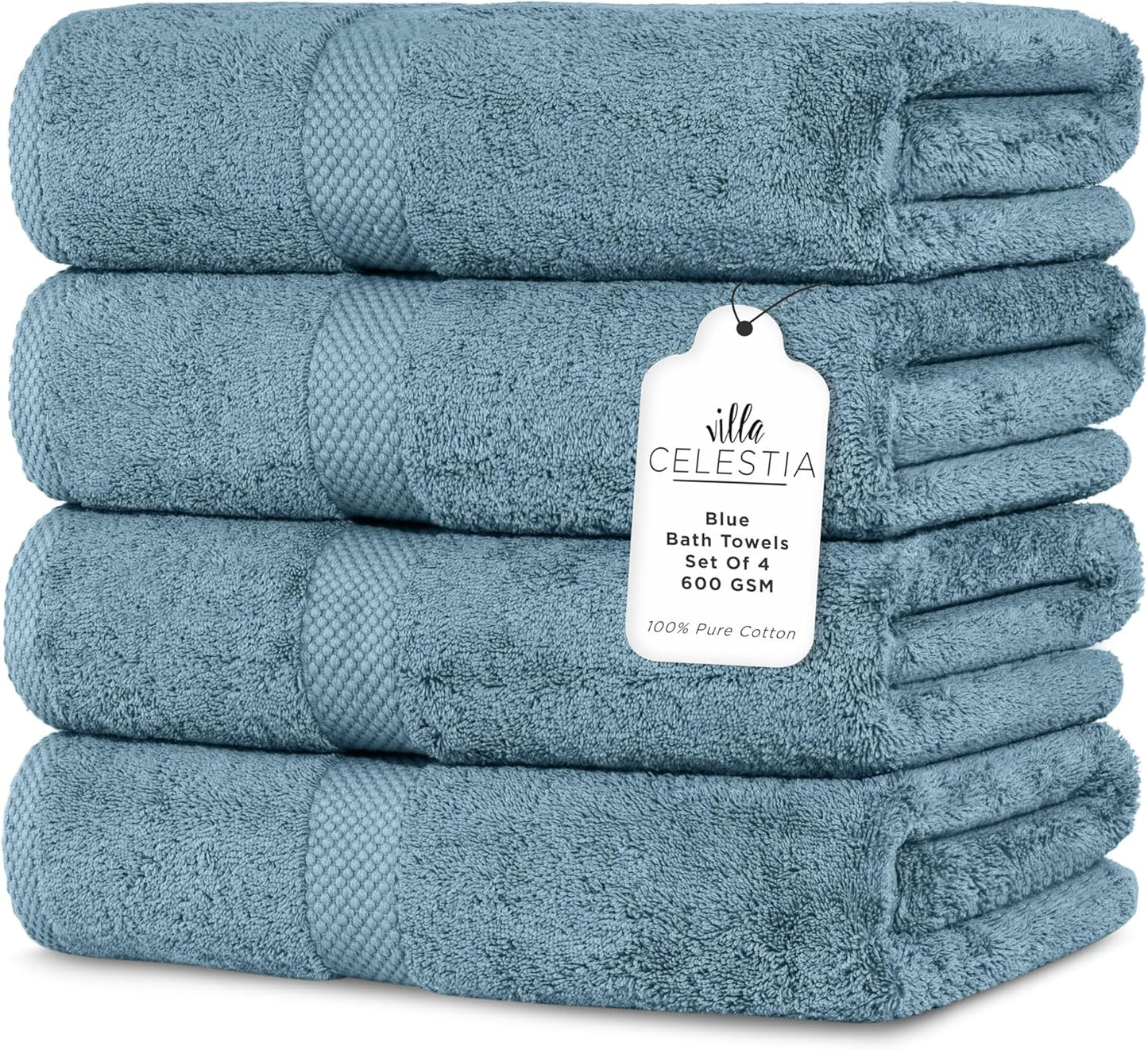 600 GSM 100% Cotton Bath Towels, Blue, Set of 4, Highly Absorbent, Plush, Soft, Quick Dry, 4 Pieces Combed Cotton Luxury Towels for Hotels, Spa, Salon, Bathroom, Dorm, Pack of 4