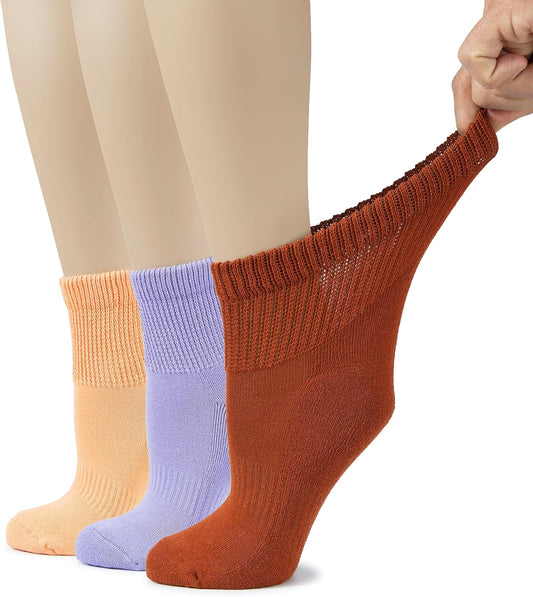 Hugh Ugoli Women's Cotton Diabetic Ankle Socks, Wide, Loose, Stretchy, Seamless Toe, Non Binding Top Semi Cushion, 3-6 Pairs