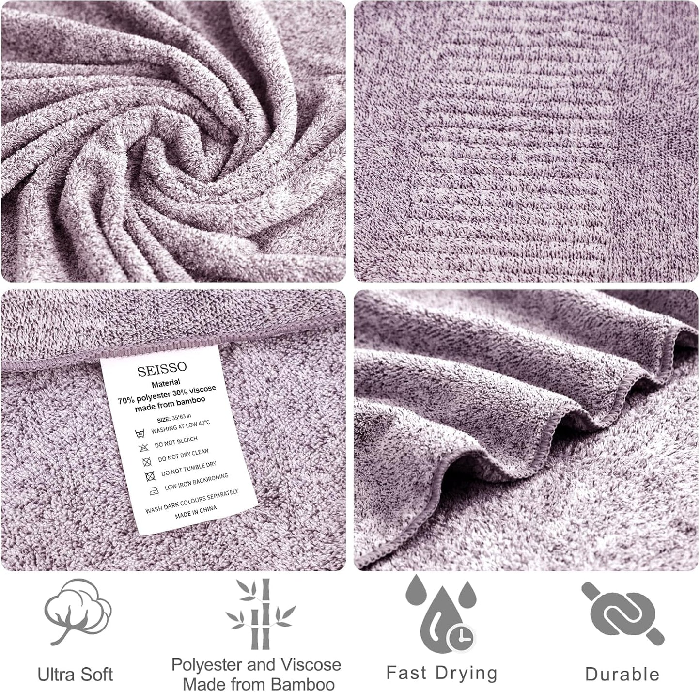 SEISSO Bath Towels,Extra Absorbent & Quick Drying Towels for Bathroom,Fibre Large Bath Towel,Super Soft Multipurpose Use for Fitness,Spa,Sports Towels,Yoga Towel (Purple, 2 Piece Bath Sheet)