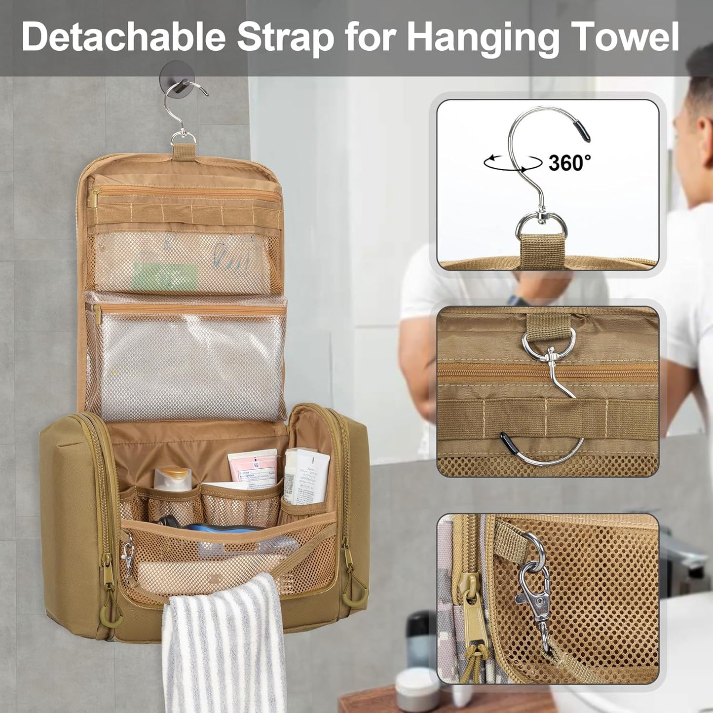 Tactical Toiletry Travel Bag for Men, Hanging Dopp Kit Hygiene Bag Shower Organizer with Hook for Toiletries and Shaving Care, Khaki (Empty Bag)