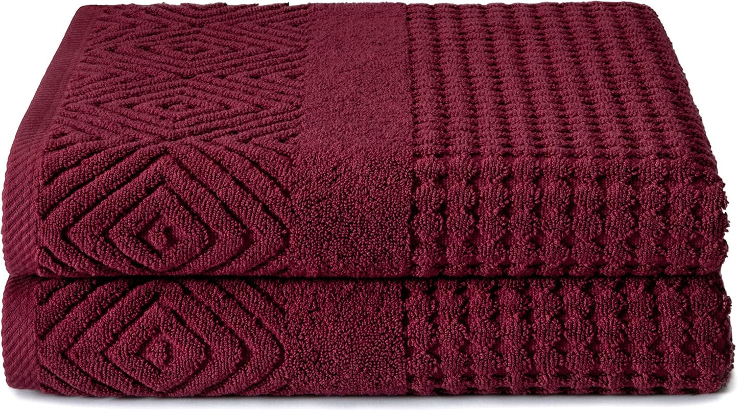 Texere 100% Organic Cotton Diamond Jacquard 700 GSM Luxury Bath Towel Sets - Ultra Soft and Absorbent Hotel and Spa Quality (Diamond, Merlot, 2 Bath Towels)