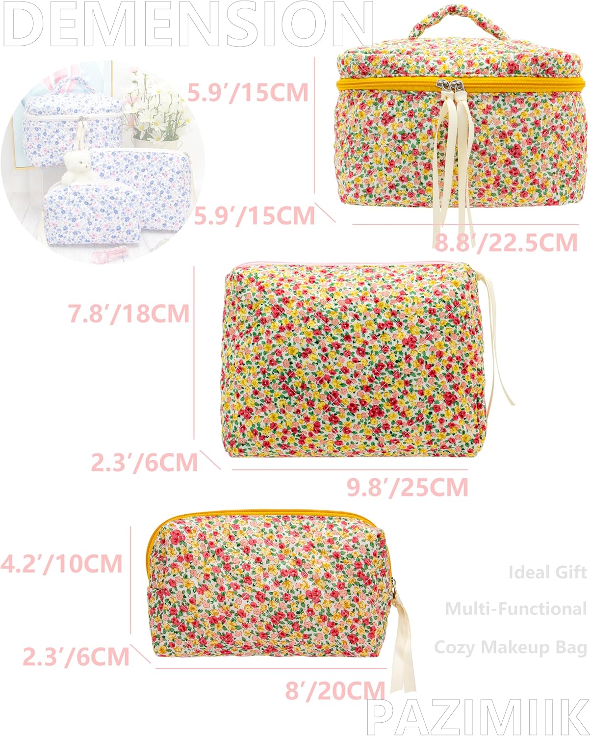 PAZIMIIK 3PCS Makeup Bag SET Large Travel Quilted Zipper Soft Cosmetic Case Pouch for Women Girls Make Up,Little Flower
