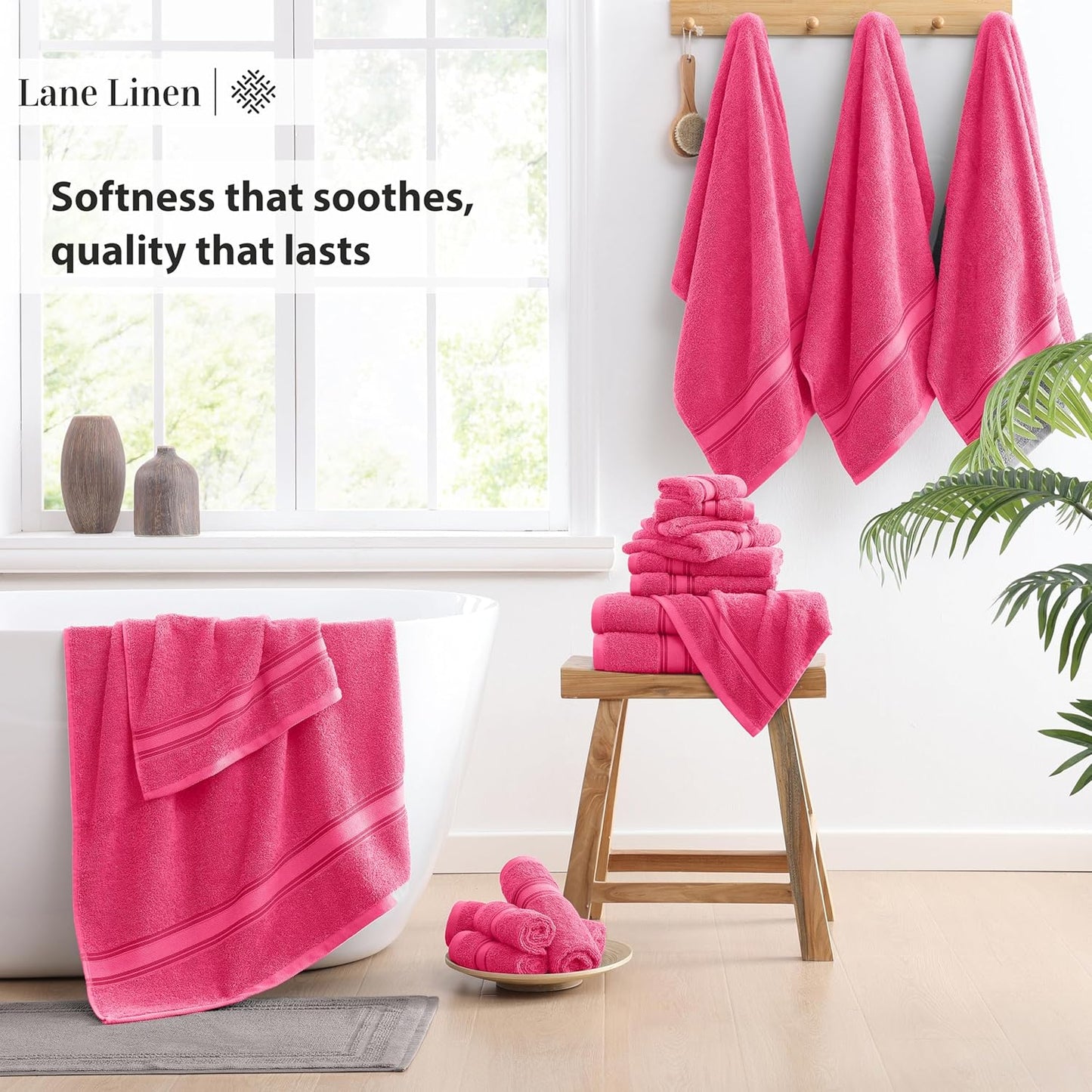 LANE LINEN 100% Cotton Luxury Bathroom Towel Set - 18 Pcs - Zero Twist, Quick Dry, Super Soft & Highly Absorbent - 6 Bath Towels, 6 Washcloths, 6 Hand Towels - Pre Shrunk & Fade Resistant - Fuschia