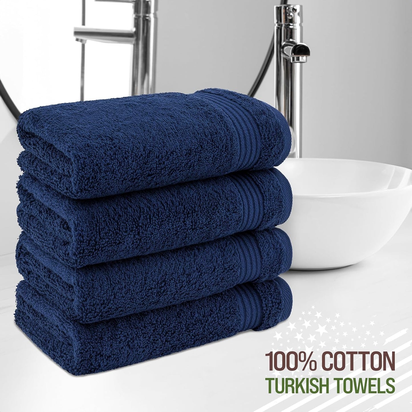 American Veteran Towel, Hand Towels for Bathroom Set of 4, 100% Cotton Turkish Hand Towel Sets, Soft Hand Face Towels, Navy Blue Hand Towels
