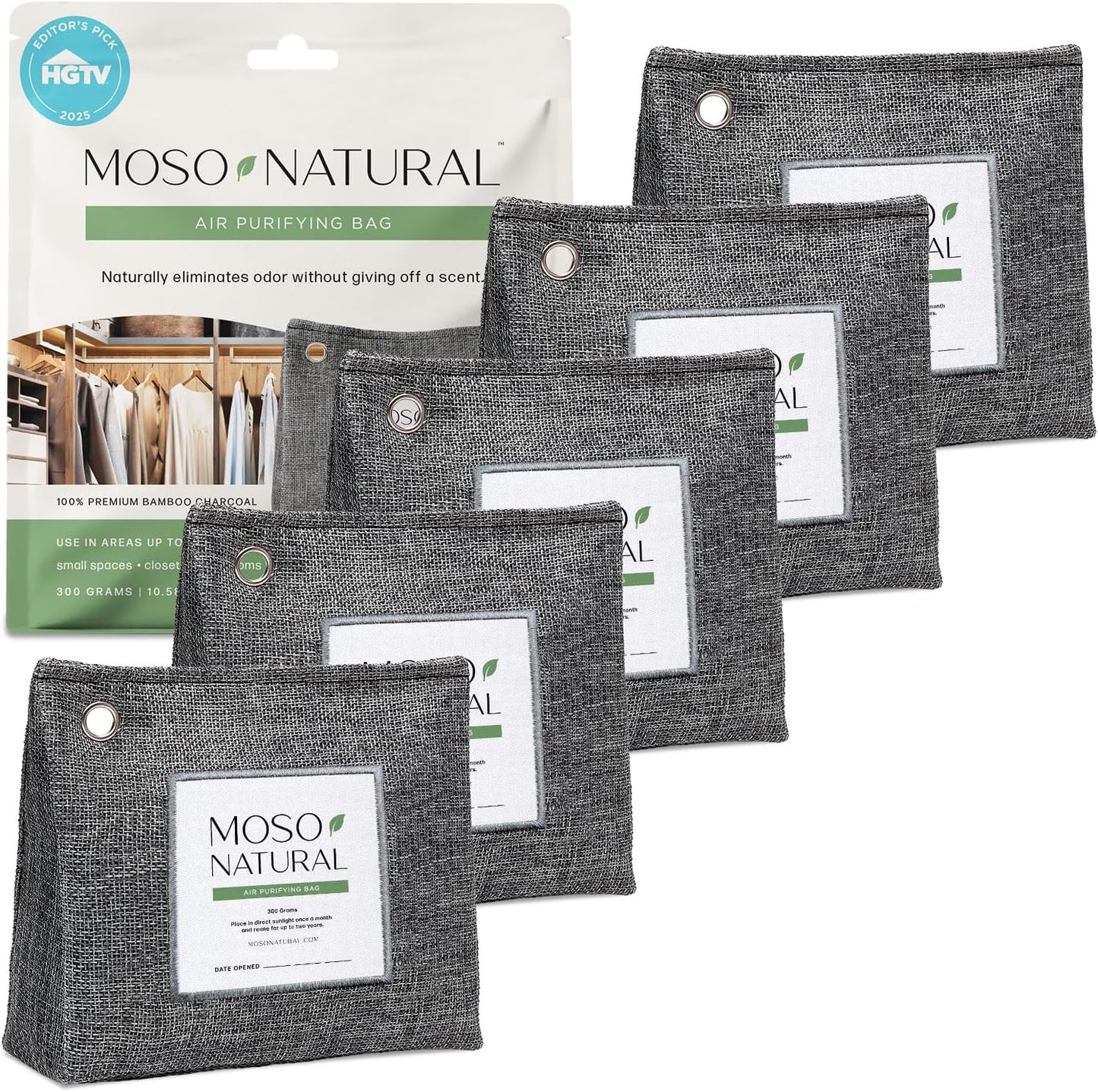 Moso Natural Air Purifying Bag 300g (10.58oz) Premium Bamboo Charcoal Odor Absorber for Home & Pet, Closet Odor Eliminator & Small Room Deodorizer, Charcoal Bags Last 2 Years, Unscented (5 Pack)