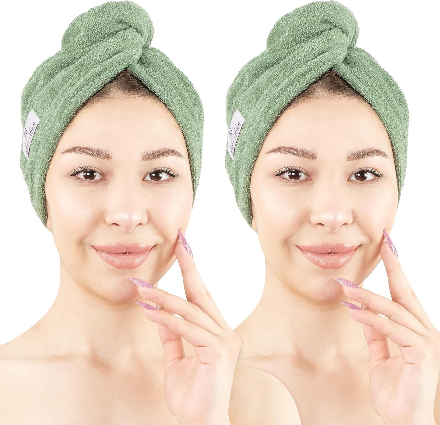 American Soft Linen 100% Cotton Hair Towels for Women, Head Towel Cap, Cotton Hair Turban Towel Wrap for Long Curly Anti Frizz Hair, Soft and Absorbent Cotton Hair Towels 2 Pack, Sage Green