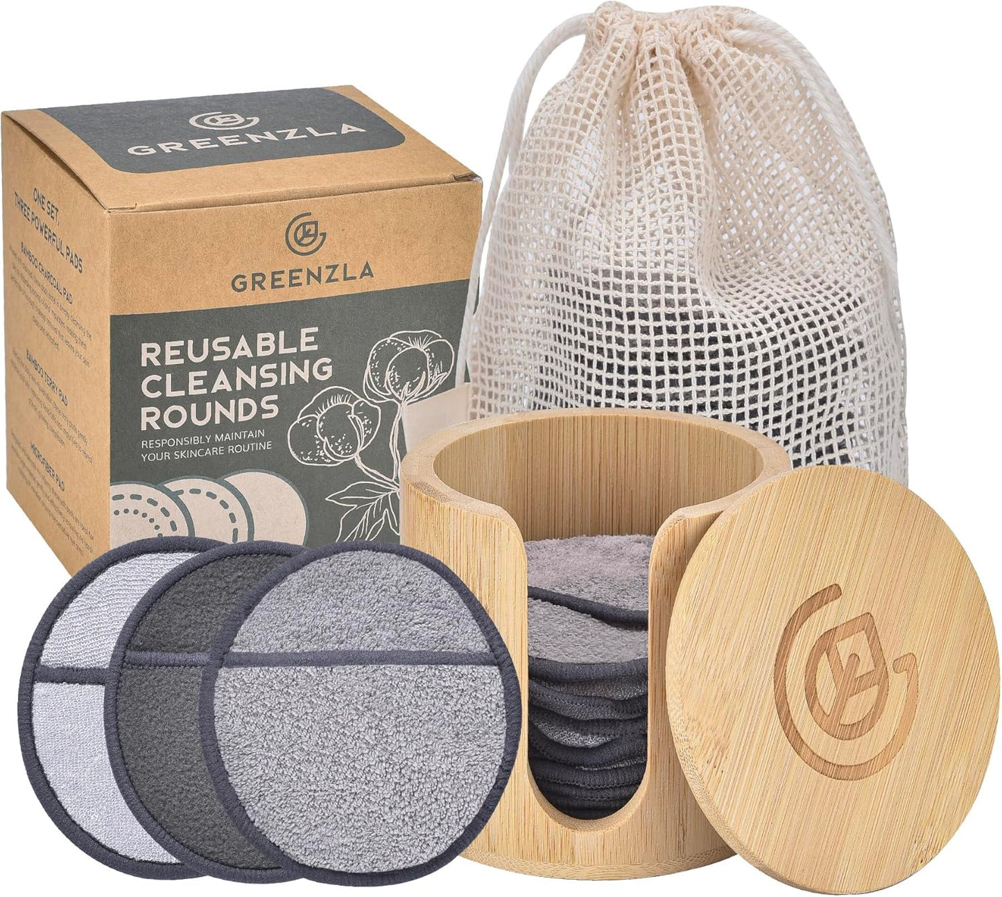 Greenzla Reusable Makeup Remover Pads Premium Set, 12 Pack Microfiber Cotton Pads, Charcoal Cotton Rounds, Bamboo Terry Face Wipes for All Skin Types with Mesh Laundry Bag and Bamboo Storage