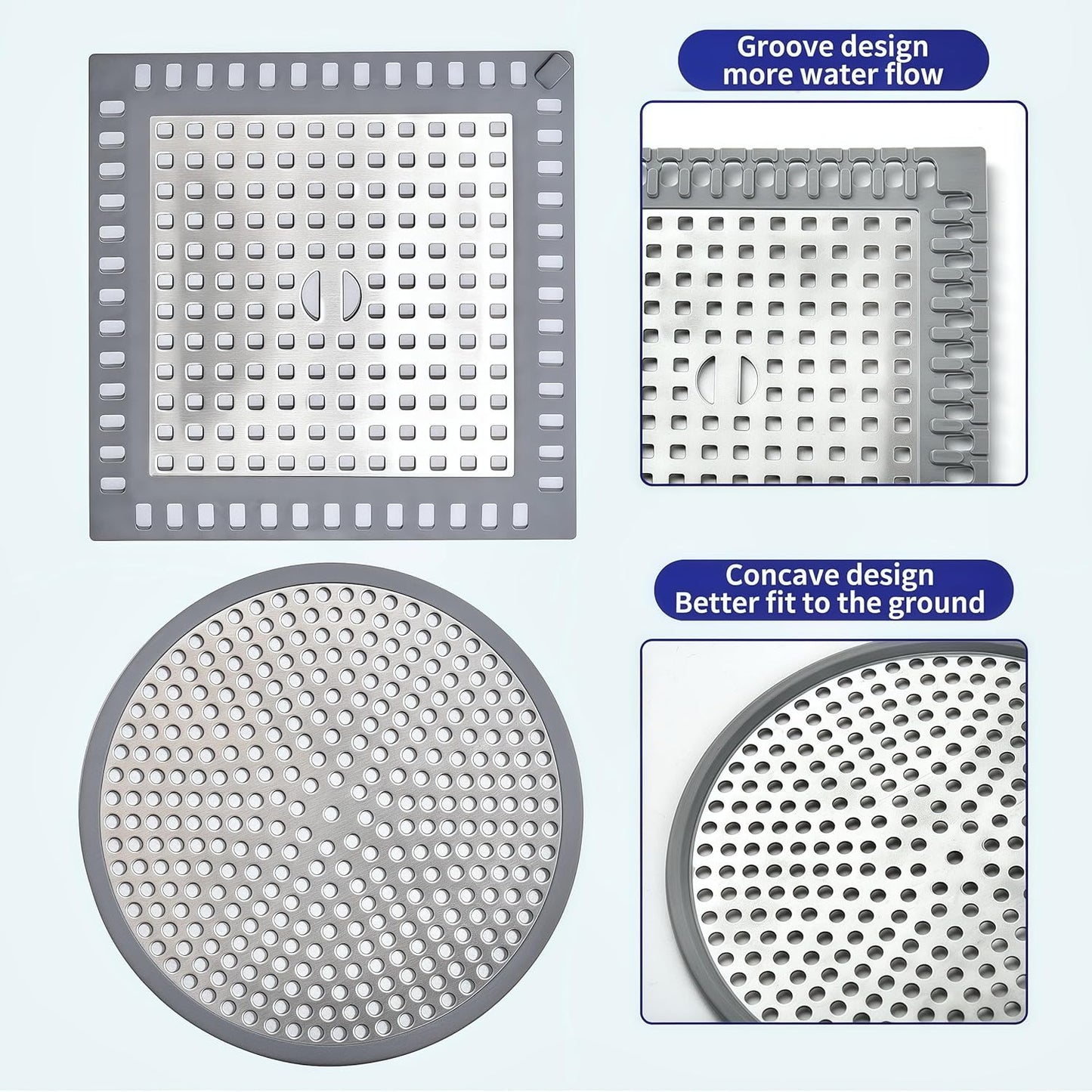 Shower Drain Hair Catcher,2Pcs,4.72'',Flat Drain Hair Catcher,Shower Drain Cover/Filter, Bathroom/Kitchen Sink Drain Strainer,Stainless Steel and TPE