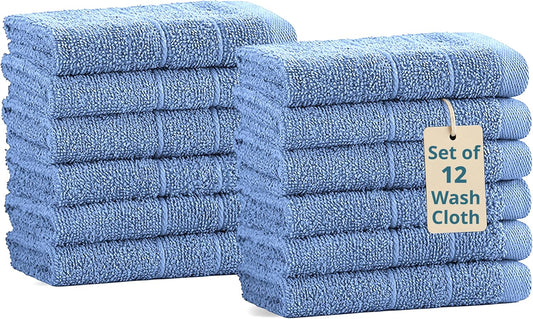 Casa Platino 100% Cotton Wash Cloths 12 Pack - Spa & Salon Quality - Ring Spun Cotton Face Cloths- Soft & Absorbent Washcloths for Shower, Home, Kitchen - Fingertip Towels - 13"x13", Cerulean Blue